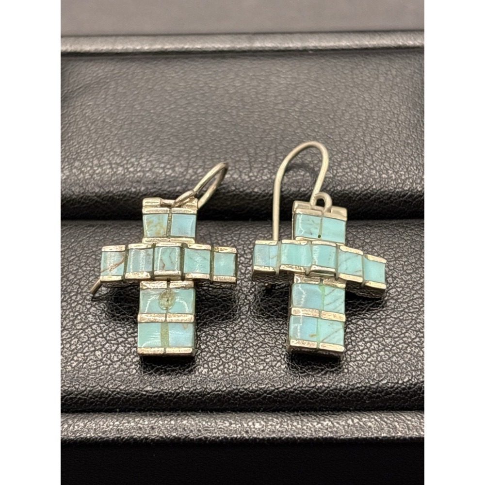 Vintage Sterling Silver Turquoise Inlay Cross Earrings 6 Gram G22 - Picture 6 of 9